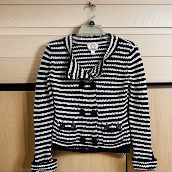 Talbots Petite Sm. Striped Cardigan Black White Cotton Pockets Classic Layering - Picture 1 of 7